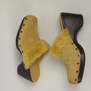 Naturalizer Leather Suede Faux Fur Trimmed Clogs Mules Slippers